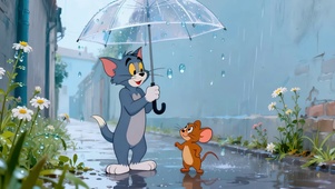 秋雨伞下猫和老鼠