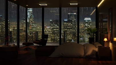 夜晚卧室城市大雨