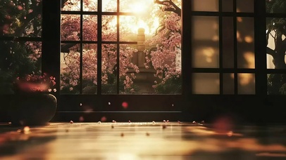 园林傍晚落花唯美窗景