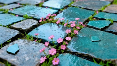 雨天砖缝小花朵