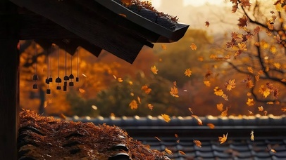 秋日禅意落叶风铃建筑