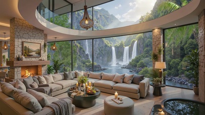 客厅窗外瀑布景