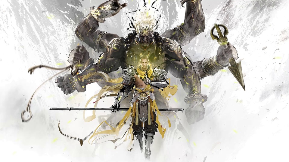 水墨风武士与身后多臂护法巨像，金纹装饰点缀浅白晕染背景