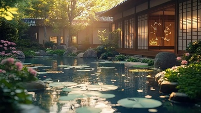 清晨阳光庭院莲花池塘