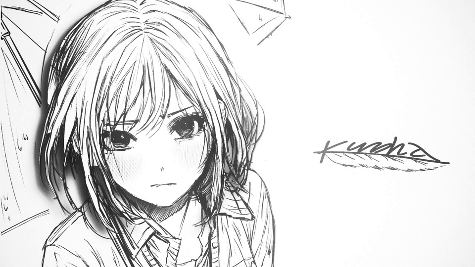 黑白线稿风格齐肩短发少女半身插画，画面右侧带有羽毛样式的手写签名。