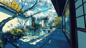 清新淡蓝古风园林庭院