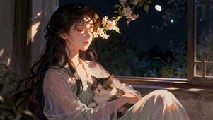 樱窗抱猫少女
