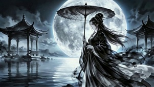 水墨月夜古风撑伞美人