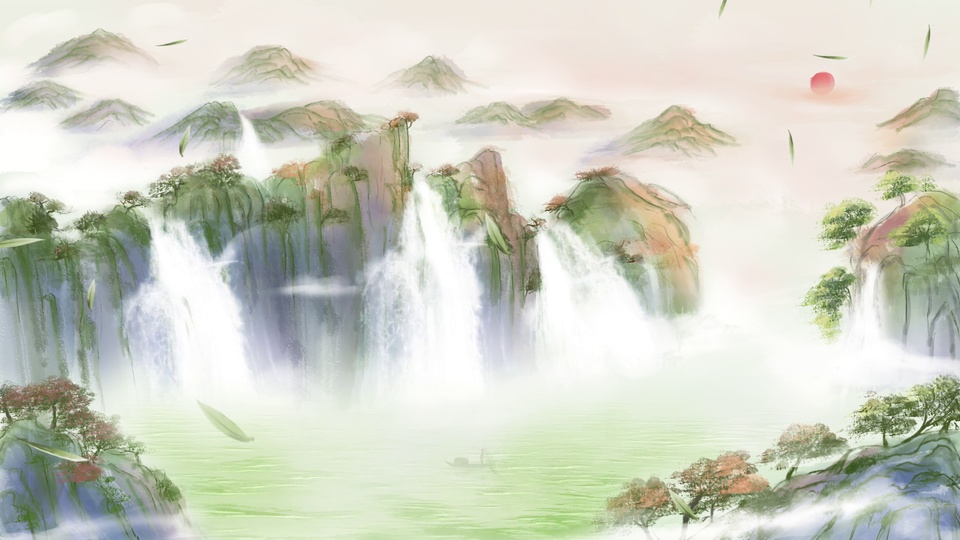 水墨国风山水画面，多道白瀑从陡峭山崖坠入泛淡绿波纹的江面，江中狭长小舟上载有一名小人，远处朦胧浅山层叠，右上角悬着圆形红日，空中飘散翠绿竹叶，江岸崖边生有红顶绿树。