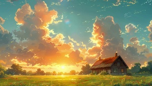 房子鲜花天空白云夕阳