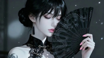 4K 墨扇间玄襟少女