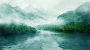 迷雾山林湖泊插画