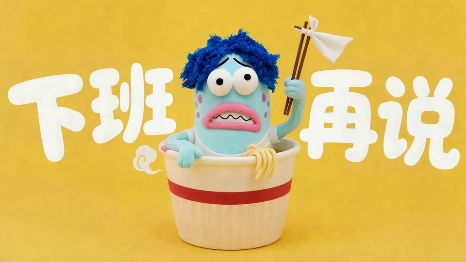 浅蓝色玩偶坐泡面桶旁举绑白手帕的筷子，配下班再说白字。