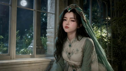 月夜窗边古风清纯美女
