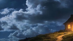 夜景房屋花草带鱼屏