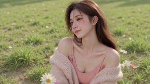 清纯草地长发美女
