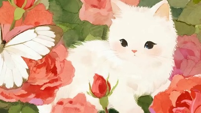 花朵中猫咪带鱼屏