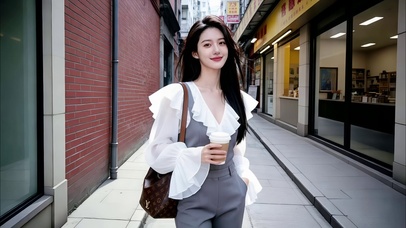 美食街里喝着咖啡的长发美女