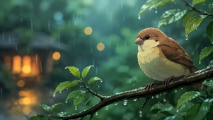 雨中枝头的小麻雀