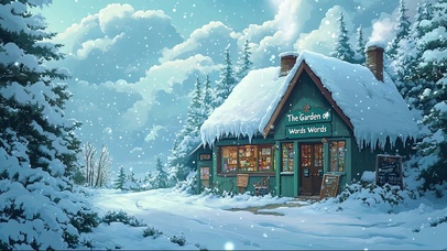 冬日雪山温暖绿色小屋