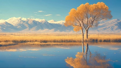 秋日广阔草原湖畔