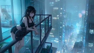 夜晚阳台猫咪少女