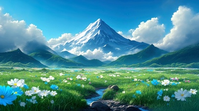 清新绿色鲜花雪山草原