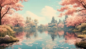 粉樱落花唯美森林湖畔