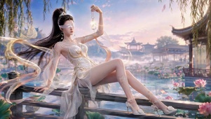 古风荷塘仙气蒙眼美女
