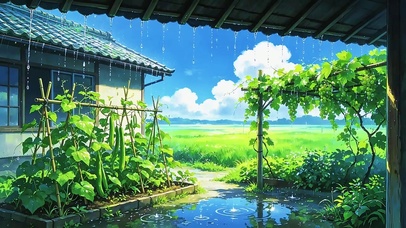后院雨中的葡萄架和丝瓜架