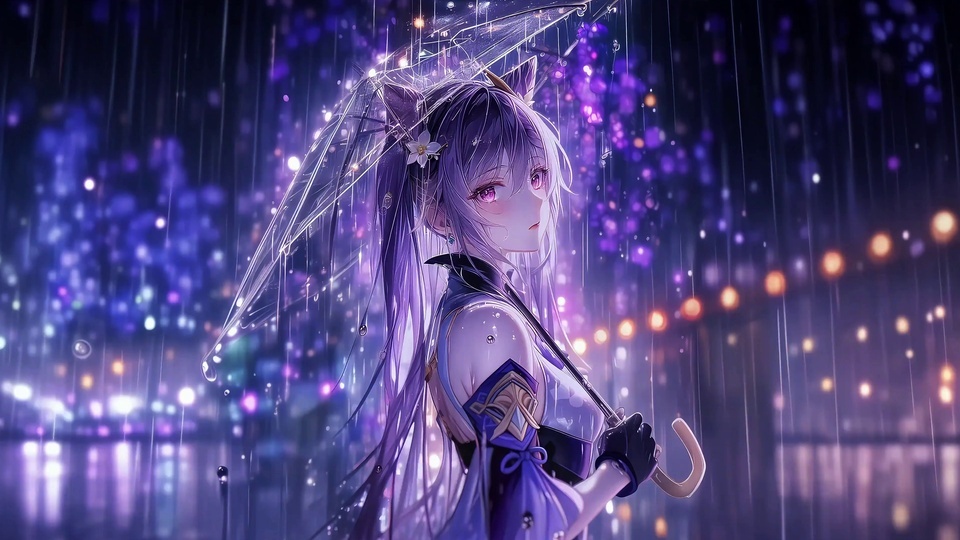 紫发二次元少女刻晴立于雨夜湿滑路面，手持带雨滴的透明雨伞，身后是紫蓝色城市霓虹光斑，地面倒映灯光。