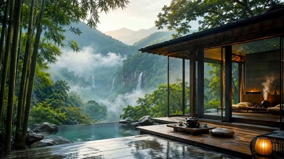 山水瀑布竹林木屋