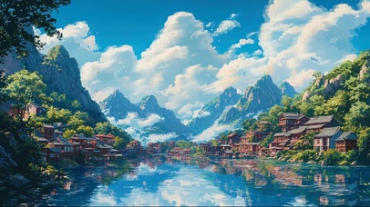 蓝天白云山林古城倒影