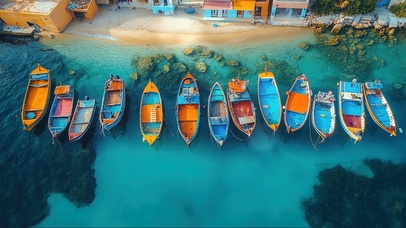 清新海岛海岸彩色渔船