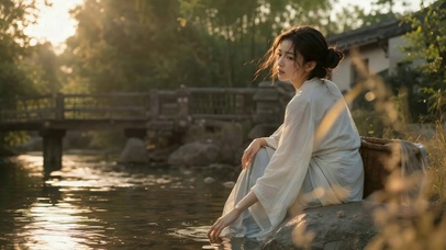 古风河畔白衣少女