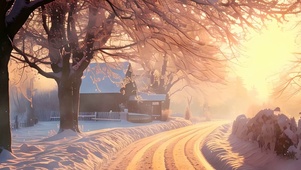 雪景树木房屋带鱼屏