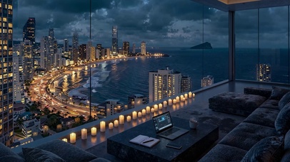 高层客厅观滨海夜景