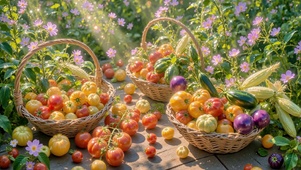 藤篮里的七彩蔬果