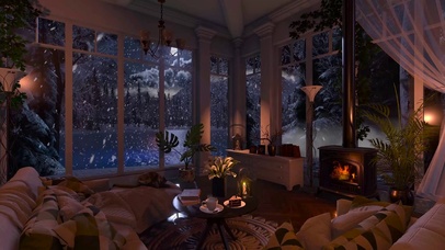 夜晚雪天湖边小屋