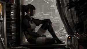 窗台飘雪武士少女