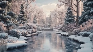 冬日白雪森林唯美湖景
