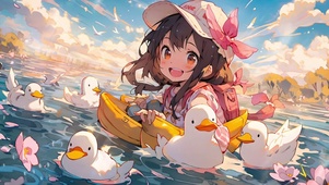 可爱女孩和鸭鸭水上玩耍