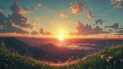唯美落日山坡草地花海