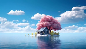 唯美的湖心樱花树小屋