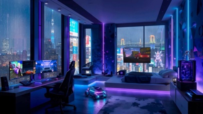 霓虹雨夜电脑房间