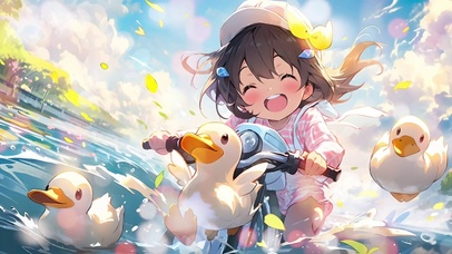 小鸭小女孩玩水