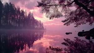 粉色朝霞静谧森林湖泊