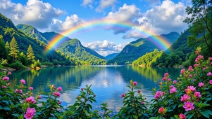 湖面上的彩虹与青山