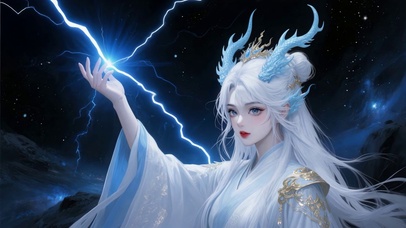 国创古风白衣白发雷电特效龙女