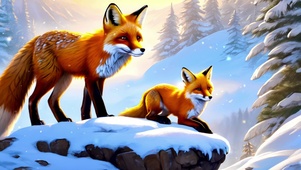 两只雪中的红狐狸